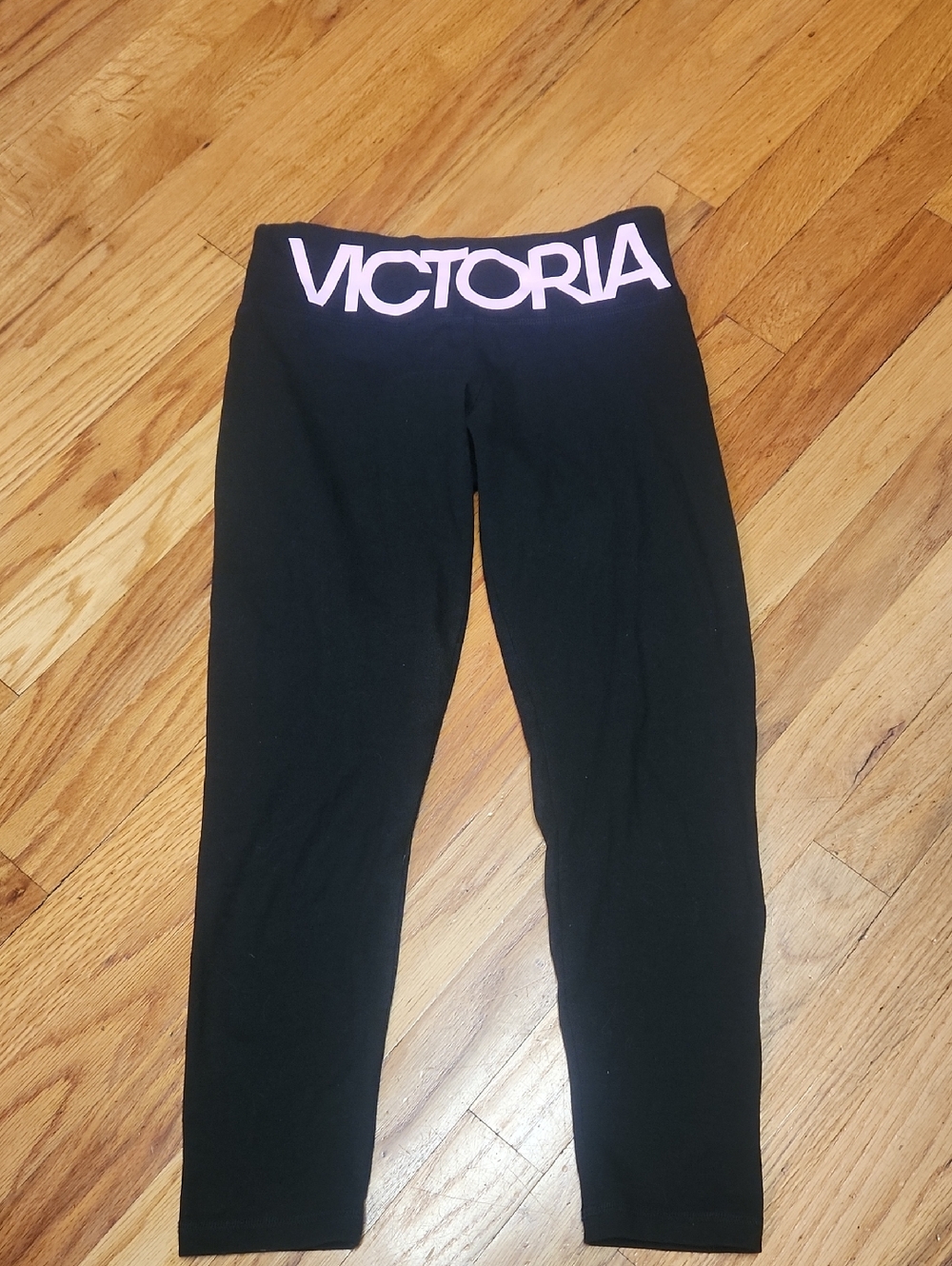 Black Leggings with Pink Logo Waistband, XS, EUC